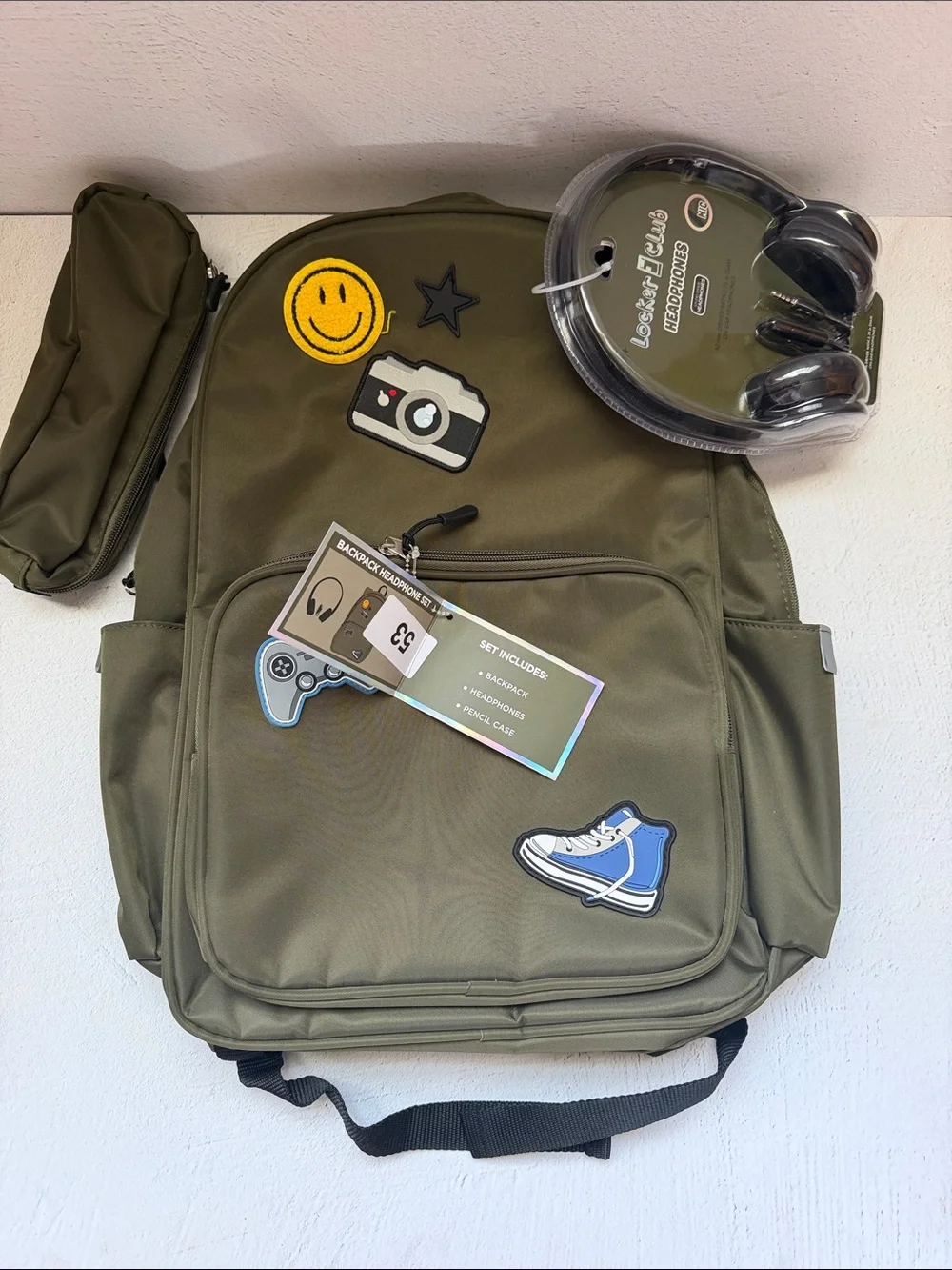 Olive Green Backpack with Fun Patch Accents